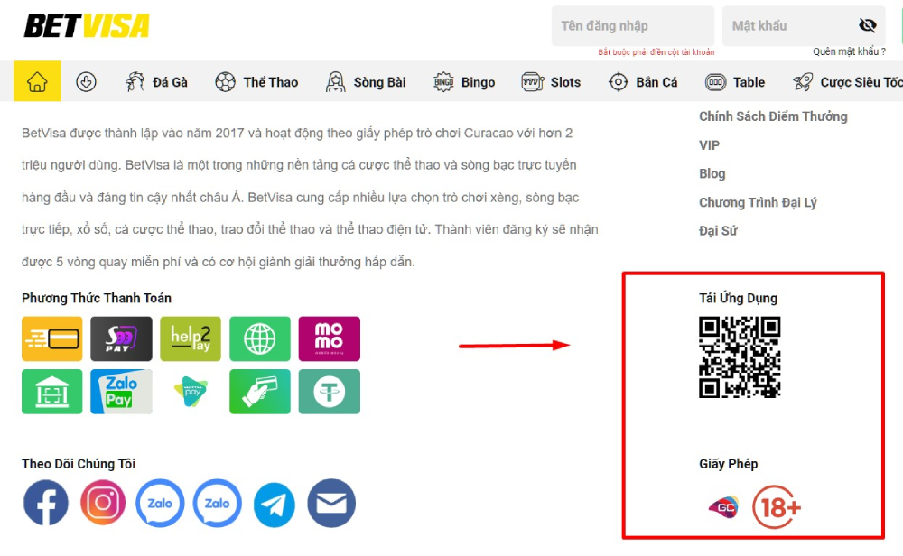 Betvisa Rvsoftc- Nhà cái đá gà online uy tín tại VN T10/2025 5 Mã QR tải app nằm ở cuối giao diện trang chủ